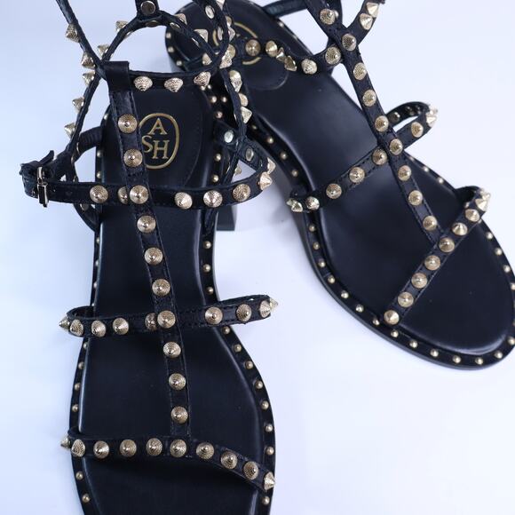 ASH Jen Strappy Studded Heel Sandals Black Gold Leather Women's 40/US 9.5 - Picture 6 of 9